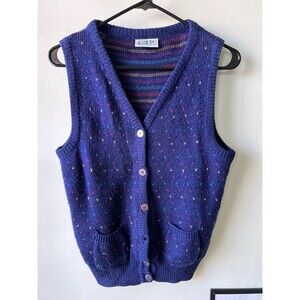 Richwil's Back to Back Knit Sweater Vest Button Blue Dot L Women Vintage